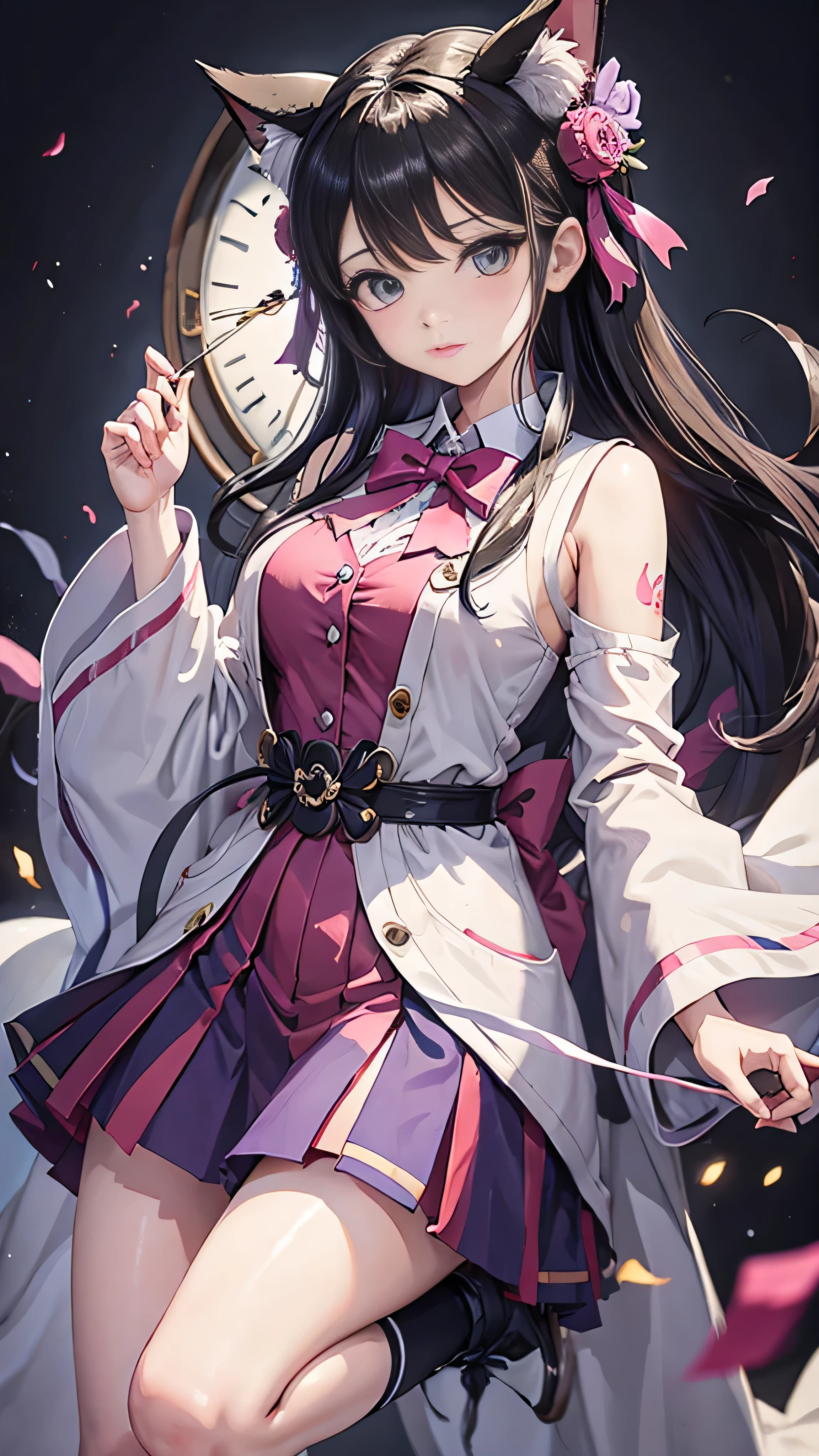 Mioda Ibuki /(  Danganronpa /), Bank Super Details, masterpiece, Illustration, 8k, masterpiece,   Real Shadow, Wind,  gradation ,  volumetric lighting , cute,  Ambient Lighting ,  colorful , Luminous Particles, beautiful detailed eyes 1 girl , alone, ( original costume), Dungeon Background, Blue and pink magic costume, clock,  magic ,  Fantasy 