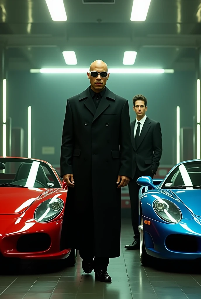 Laurence Fishburne is black and bald ,  is dressed in a long leather trench coat and round mirror glasses and is the character Morpheus from the movie Matrix.   He is showing two sports cars ,  one red and the other blue ,  to Keanu Reves who is dressed in a black suit and white shirt like the character Neo from the movie Matrix .  The car dealership is modern , colorful, bright and diaphanous .