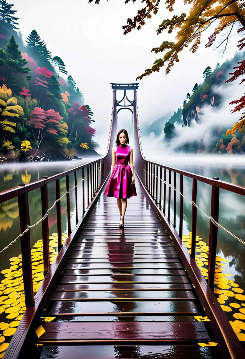 ((An old wooden crappy suspension bridge shrouded in deep fog :1.5、 A suspension bridge that seems to be broken and broken floorboards are scattered even now 、 I walk away elegantly and slowly walking away from an unexplored suspension bridge that has been forgotten and abandoned for decades :1.5))、(( one girl , Chibi:1.5)), ((((Taken obliquely from behind :1.5、from behind:1.5)), back view:1.5, looking back)), ((Top Models:1.5))、 best quality, masterpiece,  ultra high resolution, (Realistic:1.4),  RAW Photos,  complex details,  big beautiful dark emerald eyes :1.5, Perfect Contour, Small face、masterpiece, Silky Long Hair,  ((Blunt Bungs:1.5, forehead:1.5)), (natural makeup:1.5、full lips:1.5, pink lips:1.5, gloss lips:1.5, parted lips1.5), slim、(middle chest:1.2,  firm chest :1.2, High chest:1.5),  (( Extremely soft and relaxed high neck sleeveless metallic satin middle dress:1.5、 shiny super shine iridescent silver dress:1.5)), (( The background is a steep canyon with no visible bottom shrouded in deep fog 、 An unexplored deep forest :1.5、Yellow Leaf 、autumn leaves、Early morning in late fall 、 soft sunshine、Bokeh))