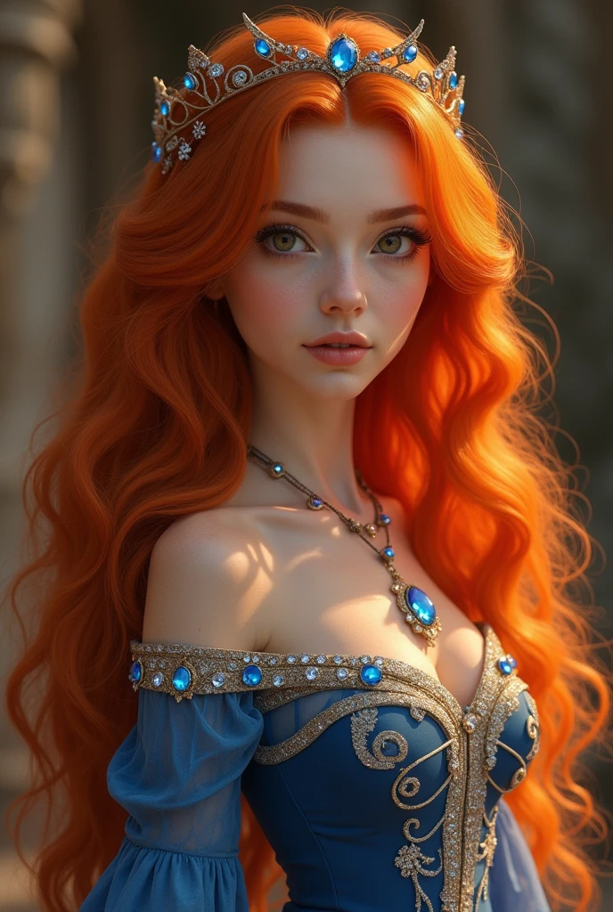 samdoesarts style. glamour portrait. cute, stunning girl. elf ears, wild red hair, detailed blue eyes. blue halter dress, gold adornments, gold heeled boots. (amused, confident, elegant:1.4). jungle clearing, beautiful sunset, sunrays. fine details, realistic shadows