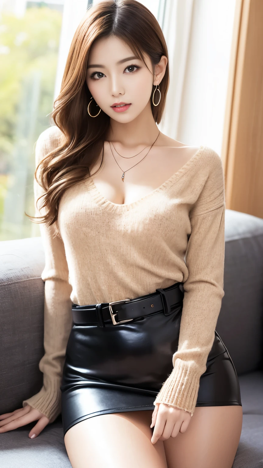  anatomically correct 5 fingers 　Beautiful Korean woman 　Brown sweater　leather miniskirt with belt　 wavy hair 　 earrings for a woman alone　 thin due to small things necklace　Sensual body　 plump thighs　Sit on the sofa by the window　In the living room　 looking at camera　 Sexy Expression 