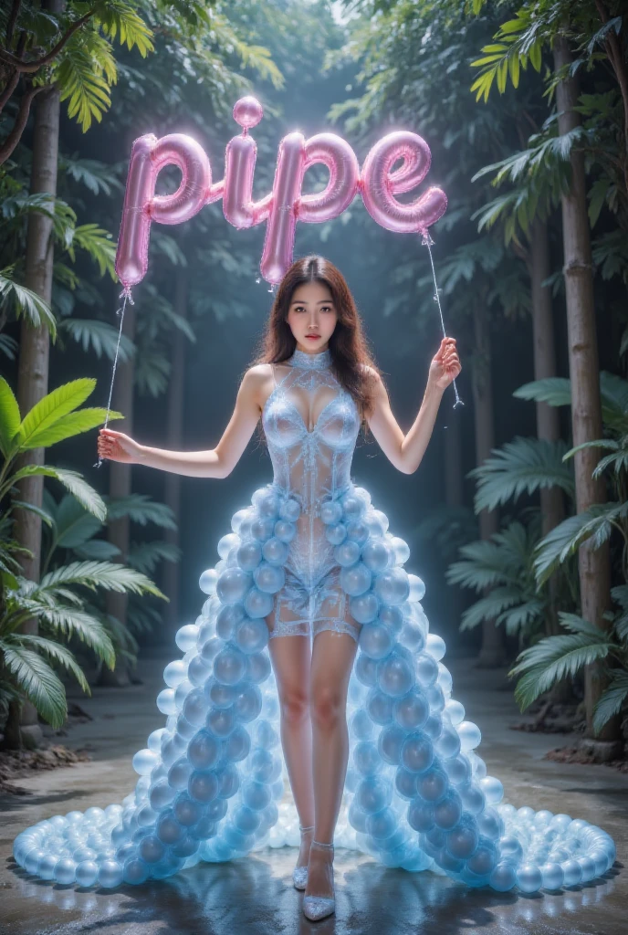 A beautiful young Asian woman in a stylish dress made of blue balloons, beautiful eyes, beautiful nose, beautiful lip and beautiful face, holding up the pink balloon curved word "PIPE" in both hands, exquisite details, surrounded by a rainforest, stage lighting, fashion photography, fashion magazine cover, balloon art