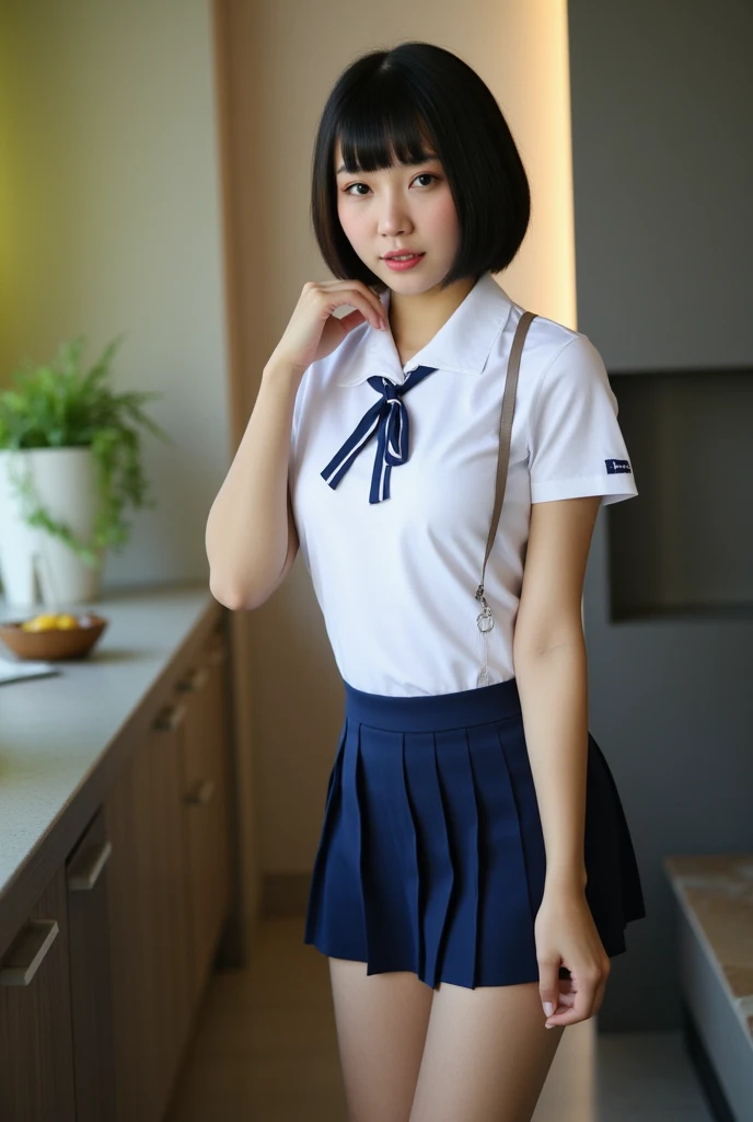 Full body standing, stunning Asian girl, (1girl), adorable, intricately detailed, glossy black hair, highest level of realism, facing viewer, dramatic lightning, crisp school uniform, pleated miniskirt, short hair, soft focus on background