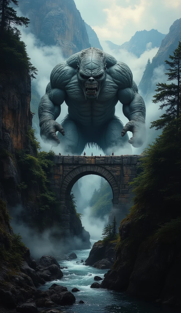 A huge stone troll guarding the passage through an big old and ancient stone bridge over a river in the mountains, dense and  thick fog surrounding everything, dark fantasy, digital painting, detailed, extremely detailed, masterpiece, cinematic lighting, dramatic, moody, atmospheric, muted colors, earthy tones, realistic, photorealistic, smooth shading, volumetric lighting, depth of field, cinematic composition, fantasy elemental, midjourneyv6.1