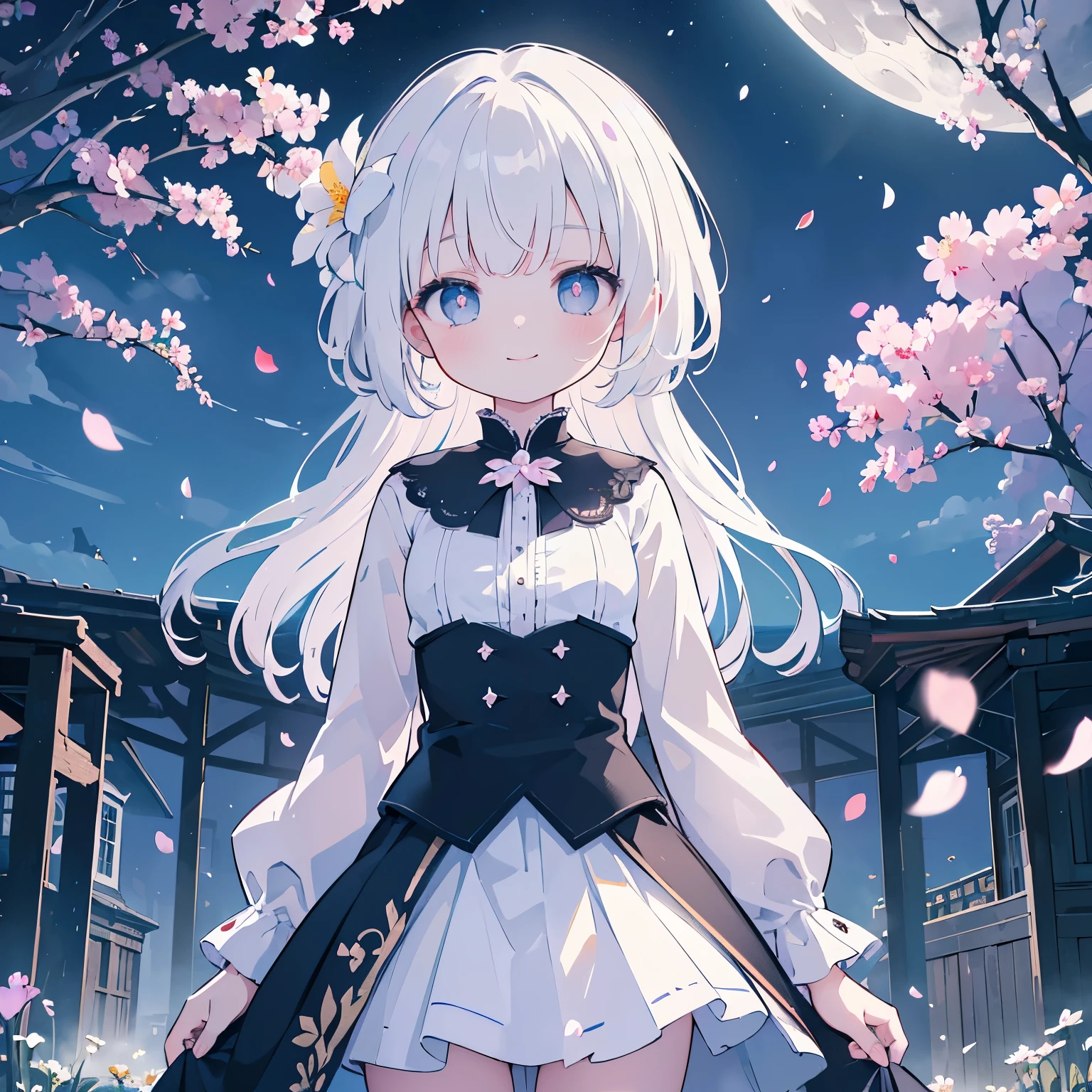 masterpiece,  is the best quality, 1 Girl, ( colorful ),(Meticulous, beautiful eyes and a delicate face),cinematic Lighting,bust, extremely detailed CG unity 8k wallpaper,White hair, alone, Smile,Complex skirt,((Flying petals)),( blooming meadows) Sky, partly cloudy_Sky, architecture, moonLight, moon, night, (DARK THEME :1.3), Light, fantasy,