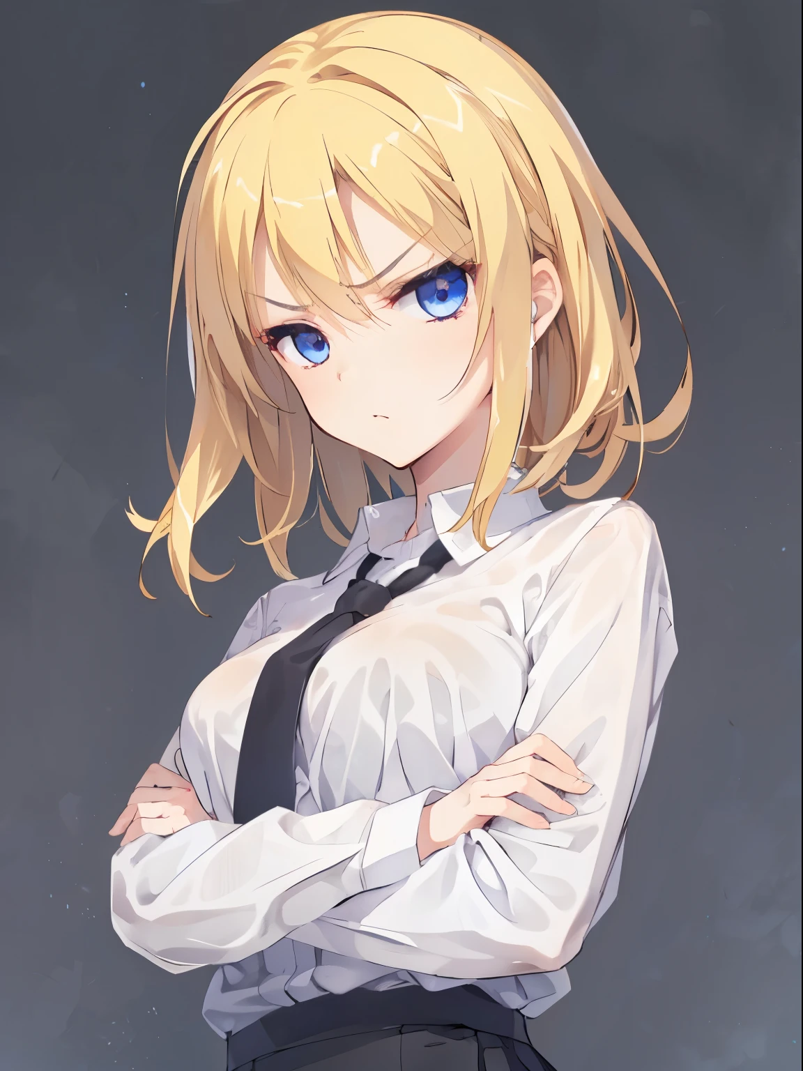 (serious, [glaring]), Japan, 1 girl, upper body, (facing viewer, looking viewer), standing straight, (blue eyes, (blonde hair), (wavy hair:0.65), medium hair, medium breast), (white shirt, black necktie, black pencil skirt), (gray background), Sharp Focus, (Best Quality, masterpiece, detailed, facial focus), crossed arms, (detailed hand), (solo shot)