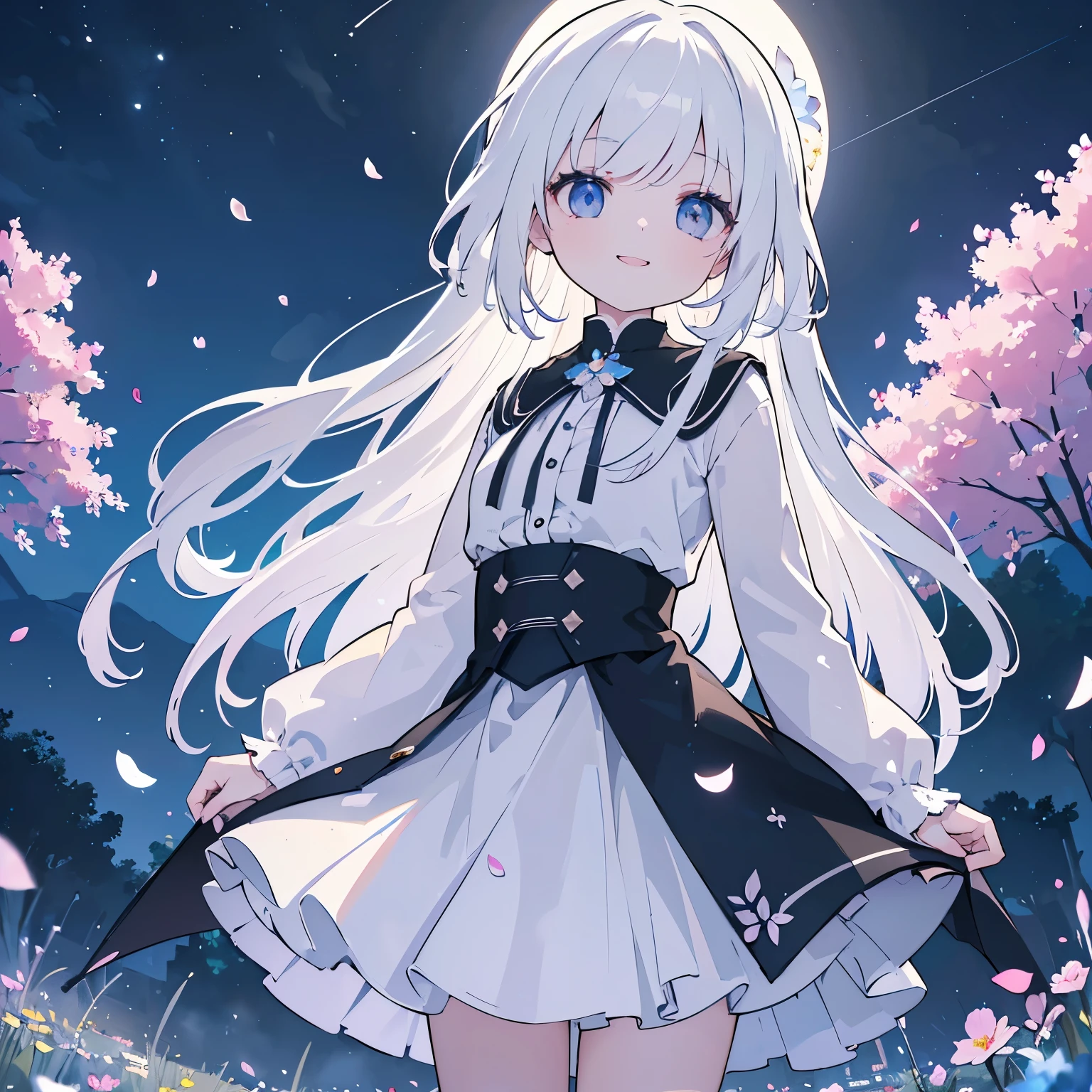 masterpiece,  is the best quality, 1 Girl, ( colorful ),(Meticulous, beautiful eyes and a delicate face),cinematic Lighting,bust, extremely detailed CG unity 8k wallpaper,White hair, alone, Smile,Complex skirt,((Flying petals)),( blooming meadows) Sky, partly cloudy_Sky, architecture, moonLight, moon, night, (DARK THEME :1.3), Light, fantasy,