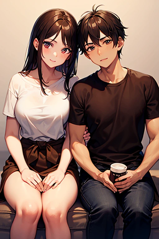 masterpiece , modern, Verism, masterpiece, super detail, best quality, 4K , A couple sitting on a sofa and laughing happily,sitting side by side,The man is 25 years old and has short black hair.,The woman is 23 years old and has long brown hair.