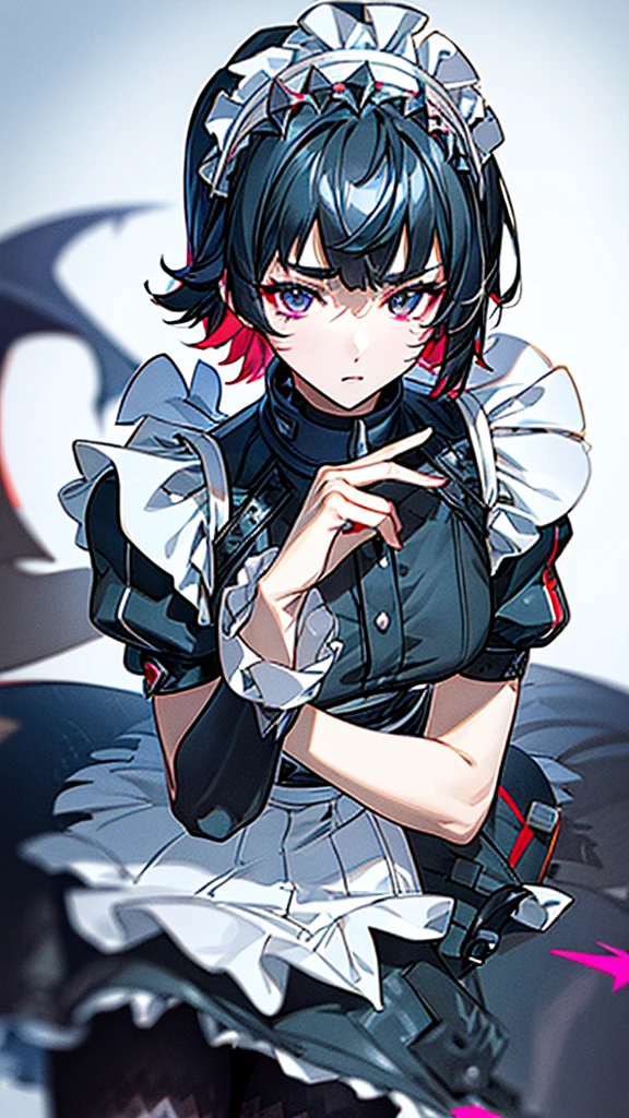 1girl, teenager, feminime, goth girl, high quality, fine detail, professional illustration, masterpiece, dynamic angle, young face, girlfriend, tomboy, emo girl, smooth body, young face, dark eyeliners, choker, red background, anime style, teasing, two color hair, sex appeal, dominating, sexually suggestive, dominant, thigh, ellen joe, black hair, colored inner hair, multicolored hair, (red eyes:1.3), red hair, short hair, two-tone hair, apron, black pantyhose, black shirt, black skirt, ear piercing, fins, fish tail, maid, maid apron, maid headdress, pantyhose, piercing, puffy short sleeves, puffy sleeves, shark girl, shark tail, shirt, short sleeves, skirt, tail, two-tone hair, wrist cuffs, from below, sexually suggestive