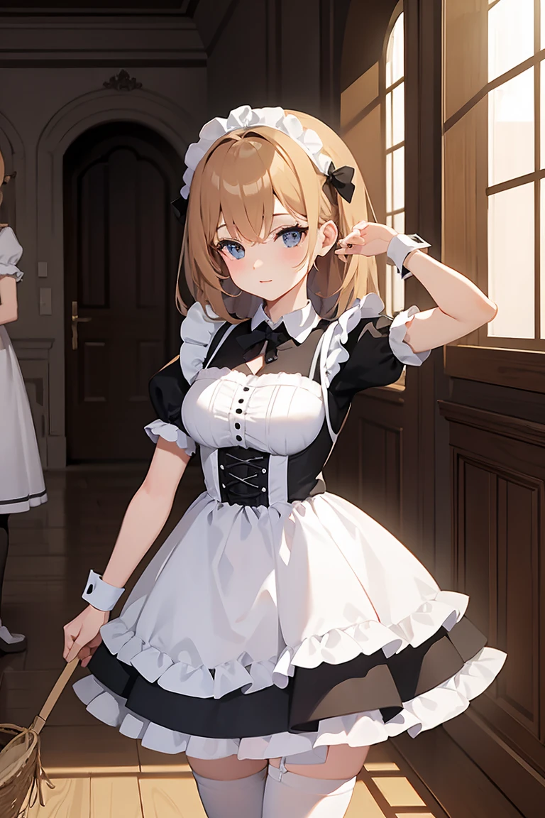 4k,2 sheep girls wearing French maid outfits cleaning a study