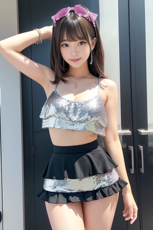   Gorgeous Idol Girl 、whole body、　Good style、、Thick legs、、、 Silver Sequin Fringe Mini Skirt Swimsuit、Fringed Top 、Pure Girl&#39;Face、、、