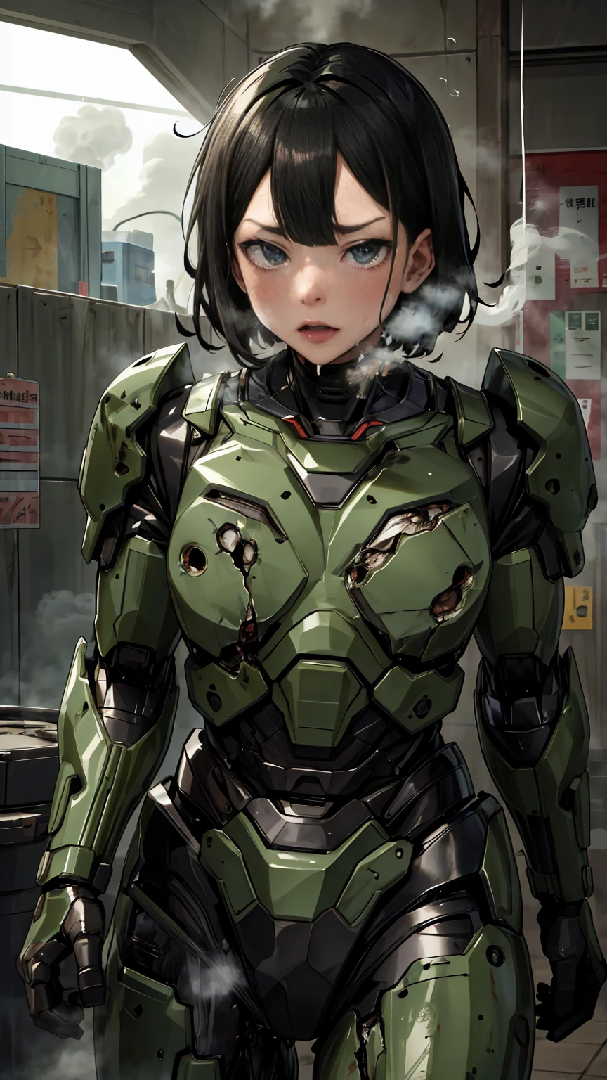 ,   several people having fun with each other while having very detailed  ,   Graveyard Details   ,  High image quality , 最 High image quality ,   kampala, 1080P 、  Smoke from the Wound が出ている  　green armor、 wrecked war machine steam comes out of the whole body  、cute((全身のSerious damage))(   injured woman in robot suit ...)  Smoke from the Wound が出ている  )   Black Hair Freckles 、  shorthair 　  wet hair  、 Open Your Mouth 、(  steam from the body  が上がる)Sweaty face　Serious damage、、saliva dripping from the mouth、 elementary school girl　(  Steam is Coming Out of Your Face  ) ((  steam from the body  ))   seen with the naked eye  　saliva　 Smoke from the Wound 　Overall tattered armor 