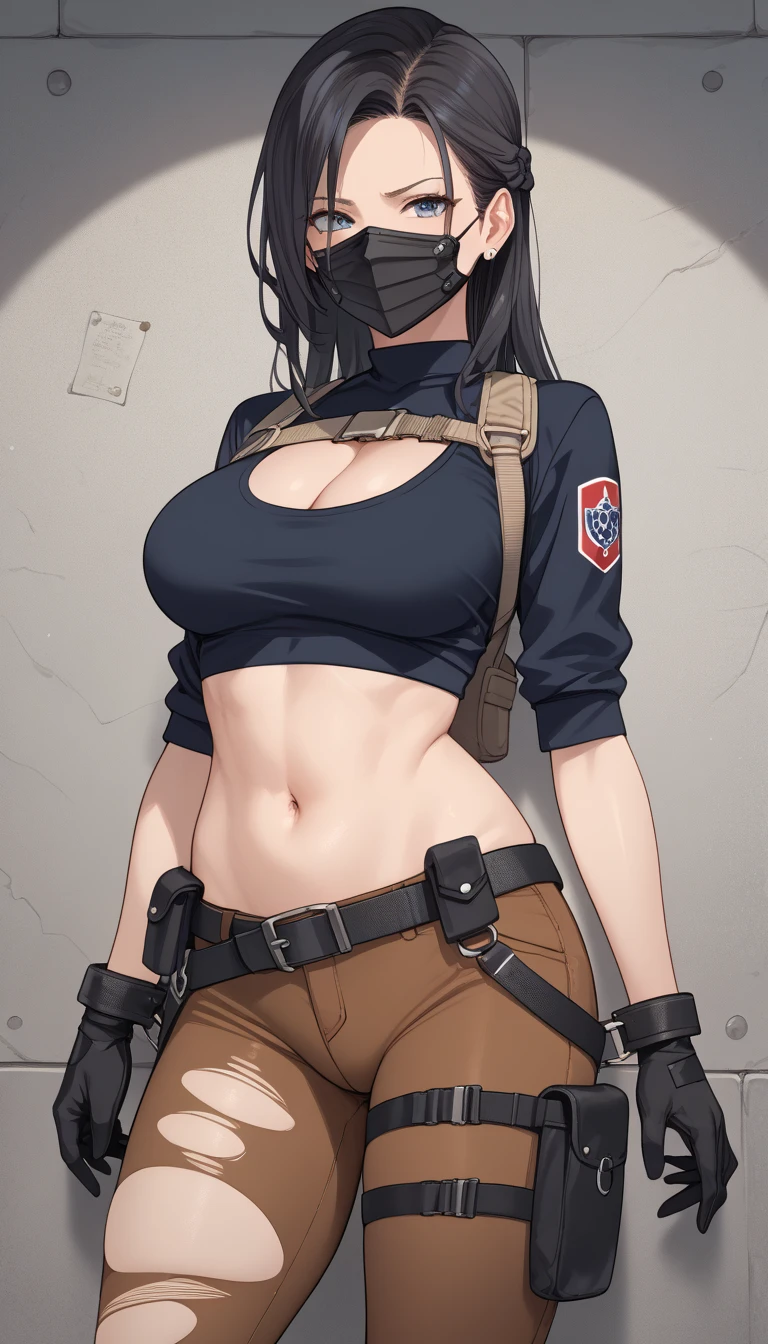 anatomically correct, best quality, masterpiece, high quality, high details, highres, HD, (shaded face:1.2), hollow eyes, grey eyes, looking at viewer, annoyed, blush face, clenched teeth, lips, black hair, long hair, belly, bulge to tummy, 1girl, breasts, hand_on_hip, navel, gloves, black_hair, large_breasts, belt, solo, no_bra, short_hair, black_gloves, bangs, jacket, looking_at_viewer, pants, weapon_over_shoulder, black_jacket, blue_eyes, striped, weapon