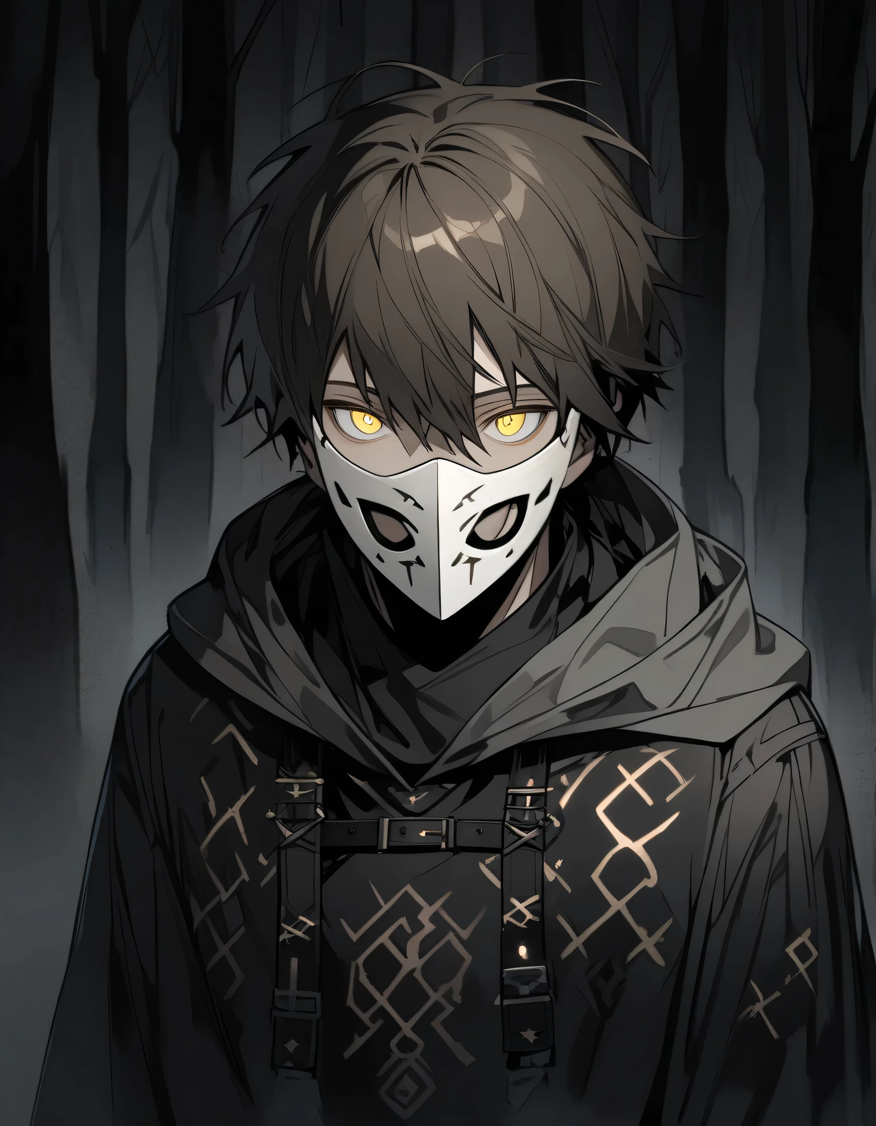 Boy with black hair and white hair,The hair hangs almost down to the neck,Wearing a half-dead mask,The devil in a hood and scythe kisses his face,Stand at the intersection of light and darkness:HD graphics,Lots of ghosts wearing hoods,Terrifying and eerie texture。