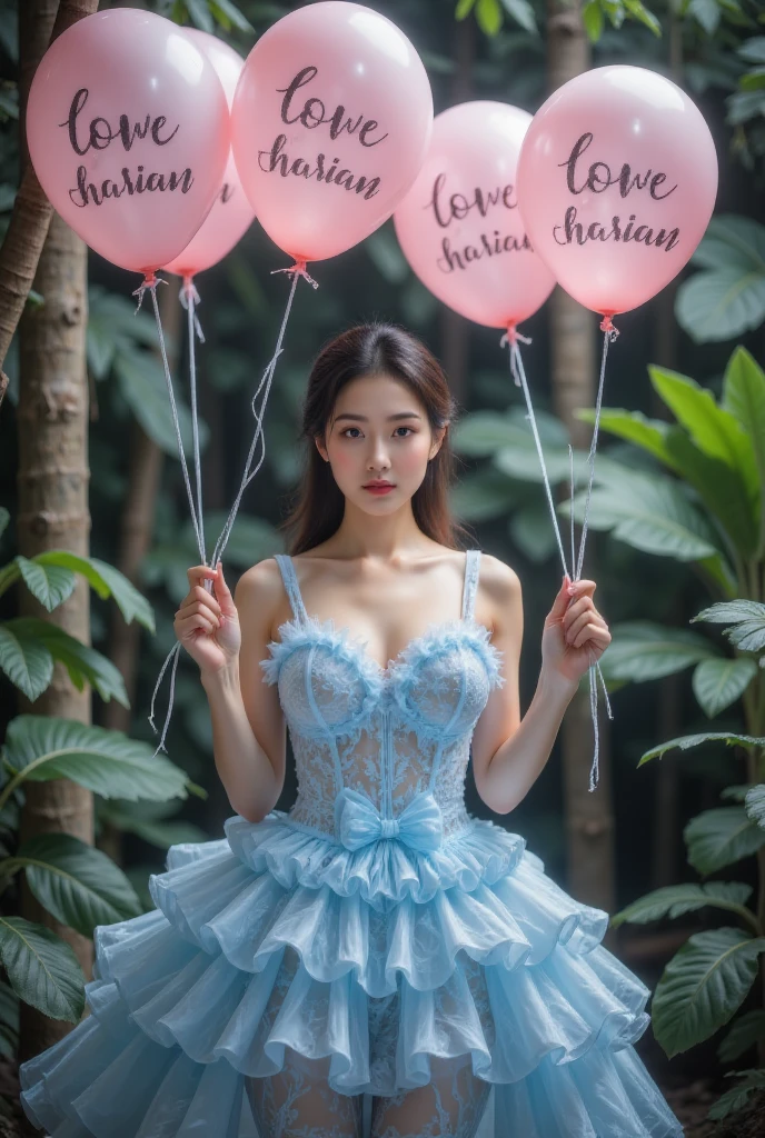  surrounded by the rainforest , beautiful lips and a beautiful face {x} wearing a stylish dress made of blue balloons,  beautiful eyes,  beautiful nose ,  holding up pink balloons with curved words ,  a beautiful young Asian woman  "pussy" Put your hands together,  Delicate Details , 被雨林环绕的,  Stage Lighting , Fashion Photography,   fashion magazine cover  , Balloon art