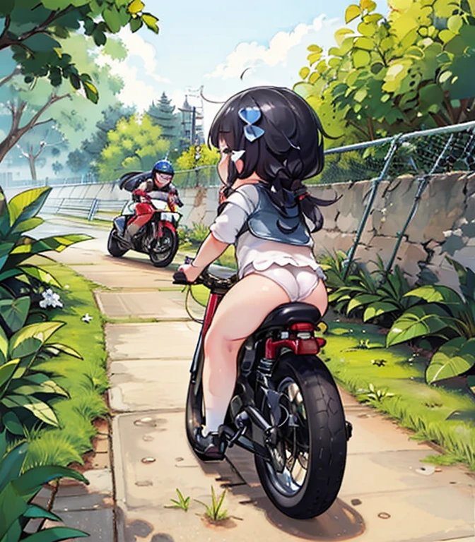 (masterpiece),( best quality),(  several people having fun with each other while having very detailed ),(  in high resolution), tiny mascot girl  ,  rear view of postureの姿勢 of a female racer racing on a road bike,  black hair ,  semi-long,  stylish  ,  road bike racing  , 複数のロードレーサーが熾烈な戦いを繰り広げる舞台裏 , speed, Elevate your mood,  Panoramic View,  rear view of postureの姿勢 of a female racer chasing another female racer running in front of her, Tracking from behind  ,  rear view of posture，