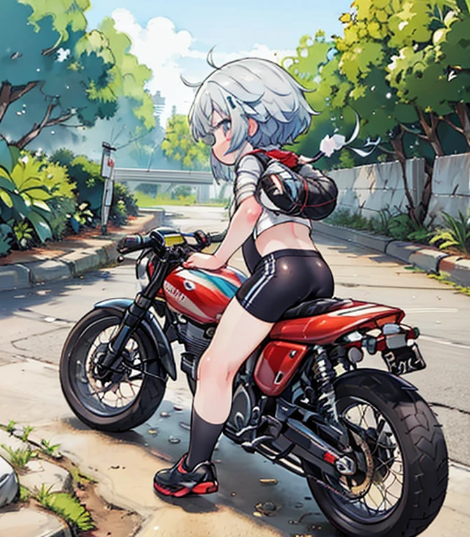 (masterpiece),( best quality),(  several people having fun with each other while having very detailed ),(  in high resolution), tiny mascot girl  ,  rear view of postureの姿勢 of a female racer racing on a road bike,  black hair ,  semi-long,  stylish  ,  road bike racing  , 複数のロードレーサーが熾烈な戦いを繰り広げる舞台裏 , speed, Elevate your mood,  Panoramic View,  rear view of postureの姿勢 of a female racer chasing another female racer running in front of her, Tracking from behind  ,  rear view of posture，