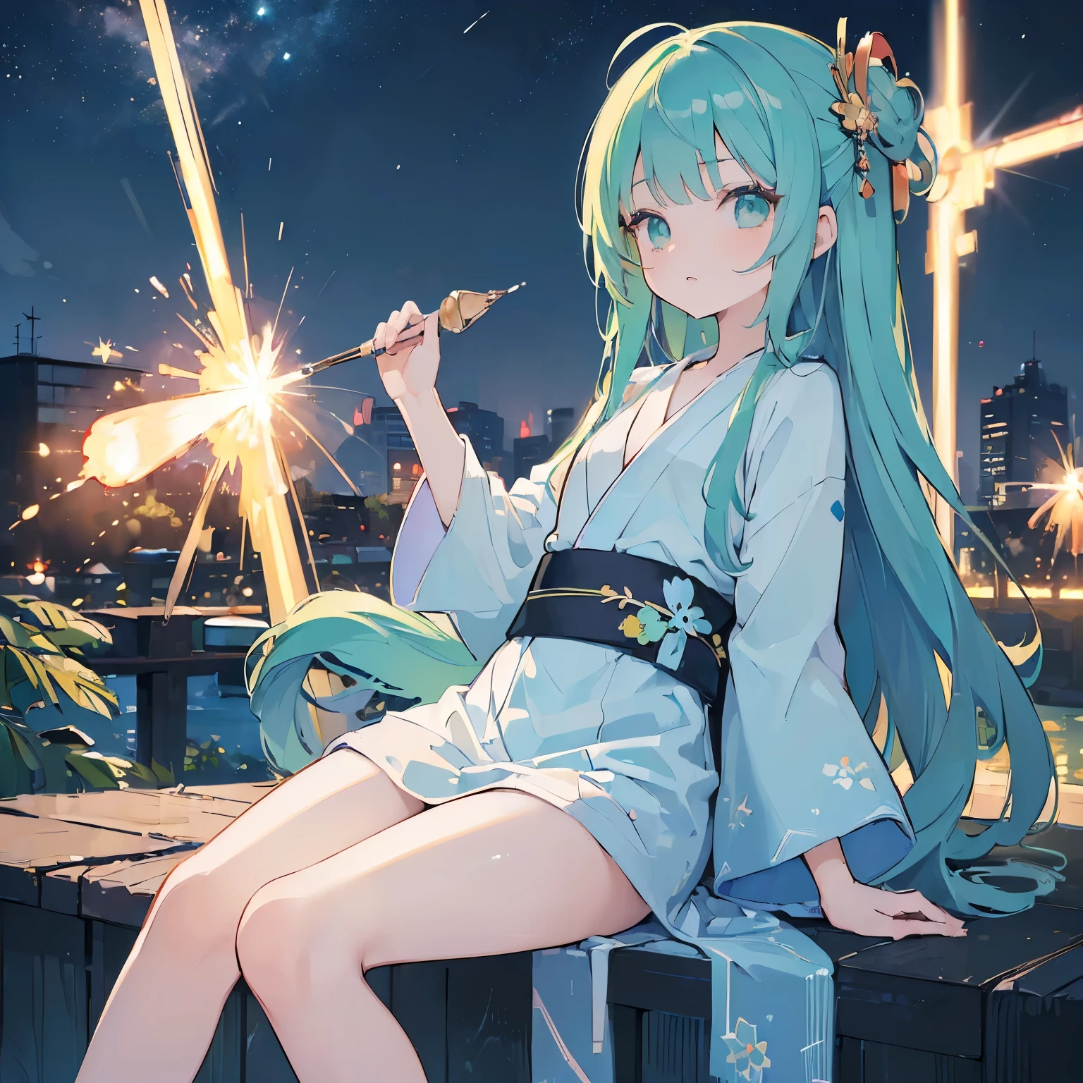 (masterpiece,  is the best quality,  high resolution:1.4), wallpaper, whole body, 1 Girl, Long hair, ( blue hair :1.0), ( dark hair :1.0),  green eyes,  Colorful hair, Gradient hair , Small chest, Facing one side , yukata ,  holding a  firecracker, night, Hairpin,  bangs,