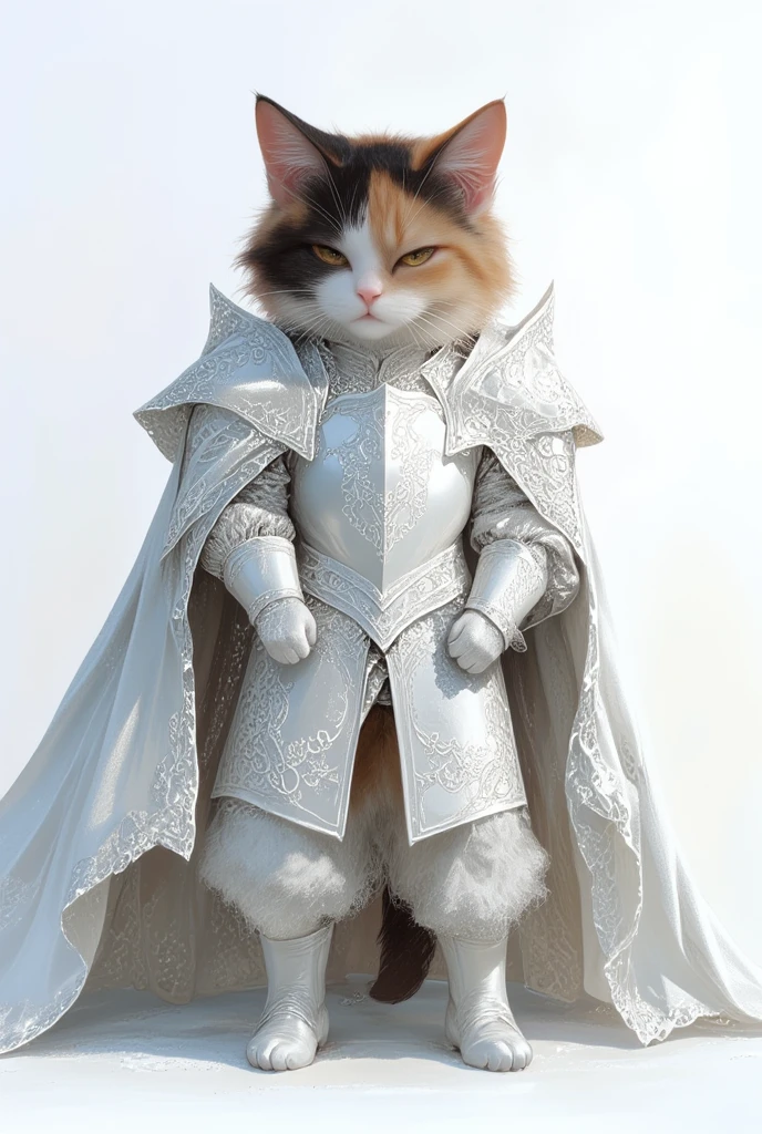 Photorealistic, 64K, a cute, chubby calico cat wearing an intricately designed, shining white medieval armor, standing proudly. The armor features detailed engravings and elegant patterns, exuding both strength and grace. The cat's chubby physique is emphasized, blending beautifully with the white armor, creating a harmonious and regal appearance. The background is a soft white, emphasizing the purity and brilliance of the scene, with subtle shadows adding depth to the composition. The overall atmosphere is noble and serene, showcasing the chubby calico cat as a heroic and majestic figure.