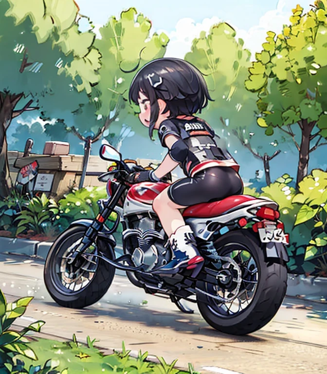 (masterpiece),( best quality),(  several people having fun with each other while having very detailed ),(  in high resolution), tiny mascot girl  ,  rear view of postureの姿勢 of a female racer racing on a road bike,  black hair ,  semi-long,  stylish  ,  road bike racing  , 複数のロードレーサーが熾烈な戦いを繰り広げる舞台裏 , speed, Elevate your mood,  Panoramic View,  rear view of postureの姿勢 of a female racer chasing another female racer running in front of her, Tracking from behind  ,  rear view of posture，