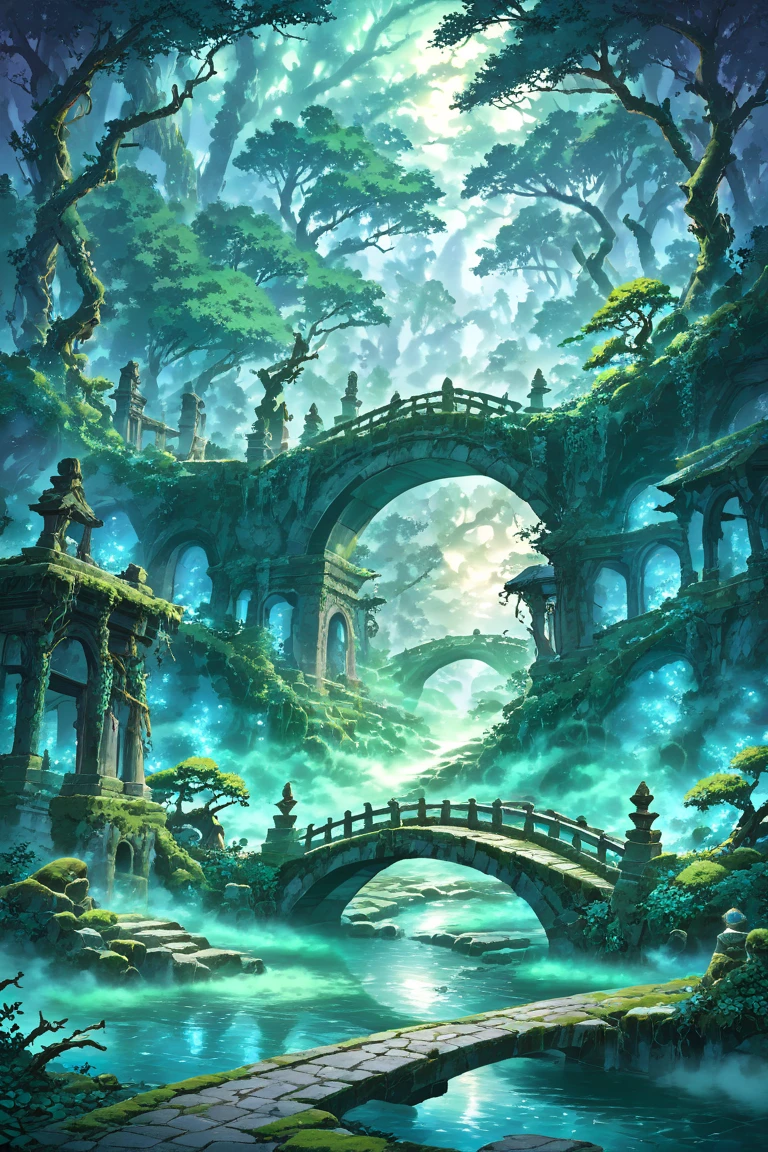 A Fogy mystical (eerie:1.21) Ancient stone bridge spanning a chasm filled with swirling (green fog:1.4) ,fogy scene,bridges,twisted tree roots grasping for purchase on moss-covered stones; vines snaking around weathered pillars; soft blue moonlight casting an ethereal glow over the scene,((ancient brige))