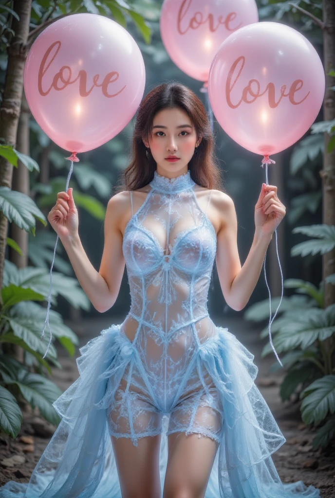  surrounded by the rainforest , wears a stylish dress made of blue balloons,  beautiful eyes,  beautiful nose ,  holding up pink balloons with curved words ,  a beautiful young Asian woman  "love" Put your hands together,  Delicate Details , Surrounded by the rainforest, ,  Stage Lighting , Fashion Photography,   fashion magazine cover  , Balloon art