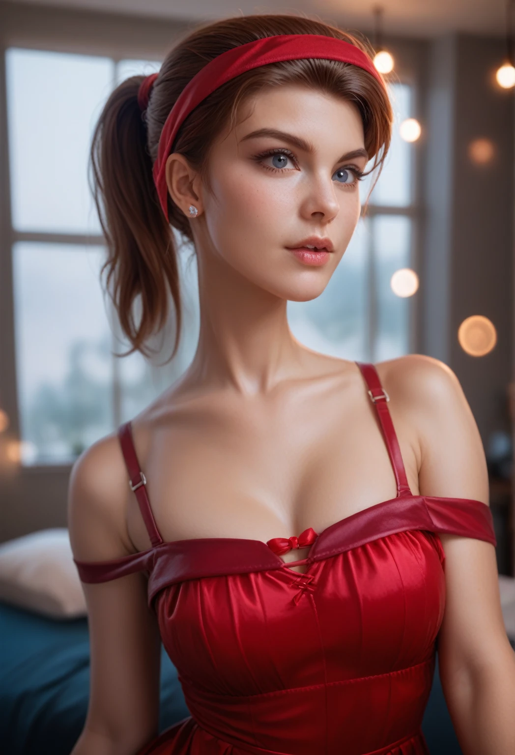 A 35mm photorealistic masterpiece bokeh shot of ff7 Jessie raspberry as a CrossFit woman, red headband, ponytail, little red dress, seductively slipping a strap off her shoulder, low bedroom lightning