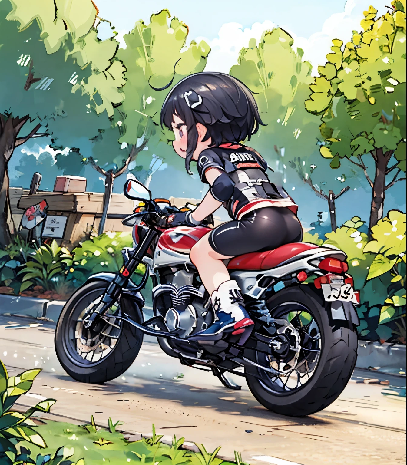 (masterpiece),( best quality),(  several people having fun with each other while having very detailed ),(  in high resolution), tiny mascot girl  ,  rear view of postureの姿勢 of a female racer racing on a road bike,  black hair ,  semi-long,  stylish  ,  road bike racing  , 複数のロードレーサーが熾烈な戦いを繰り広げる舞台裏 , speed, Elevate your mood,  Panoramic View,  rear view of postureの姿勢 of a female racer chasing another female racer running in front of her, Tracking from behind  ,  rear view of posture，