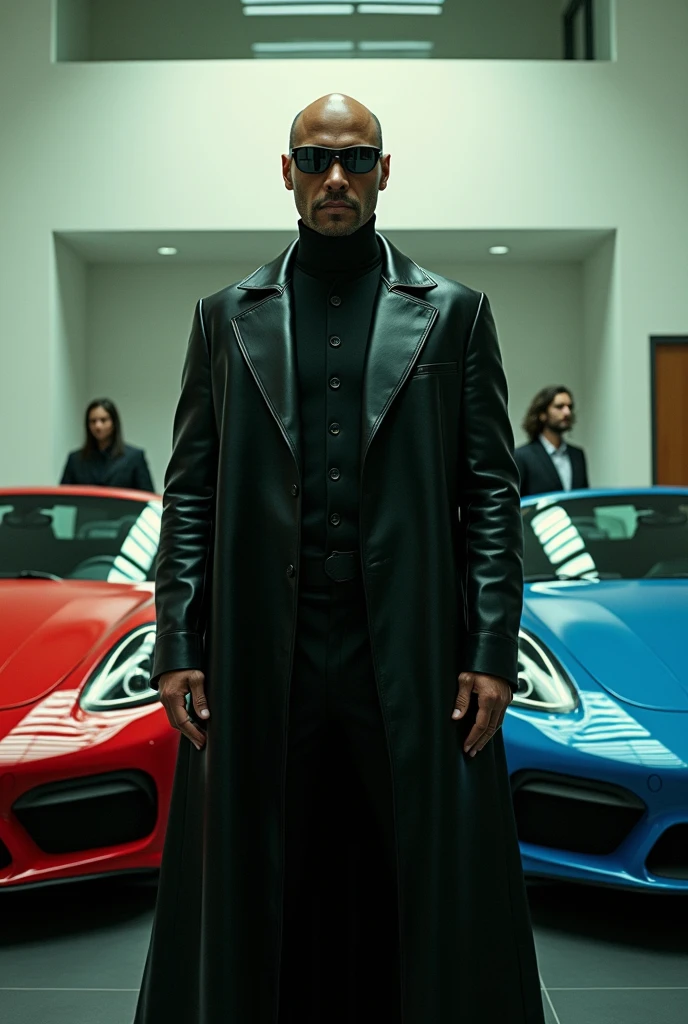 Laurence Fishburne is black and bald, wears a long leather trench coat and round mirrored glasses and is the character Morpheus from the movie Matrix. It shows two sports cars, one red and one blue, to Keanu Reves who has long hair with a beard and dark glasses and wears a long black jacket like the character Neo from the movie Matrix. The car dealership is modern, colorful, very bright and open-plan.