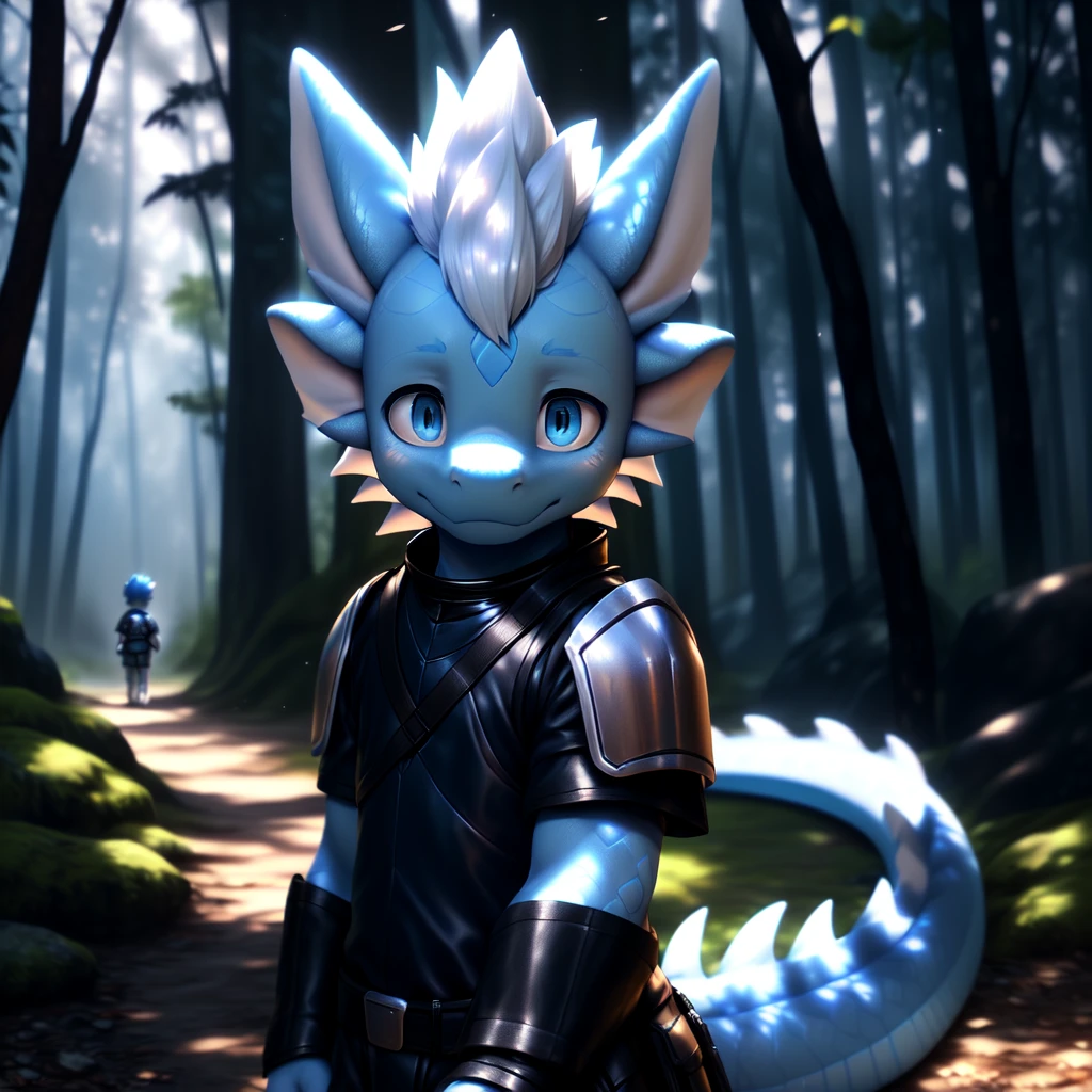 ( detailed face,  detailed background ,  detailed body ), (realistic,photorealistic,photo-realistic:1.37)
Ein cuteer kleiner Drache Junge, very young, , cute,  in a dark forest, Light blue scales ,  white hair, he is tired ,  he is wearing a dog collar, He is wearing leather armor 