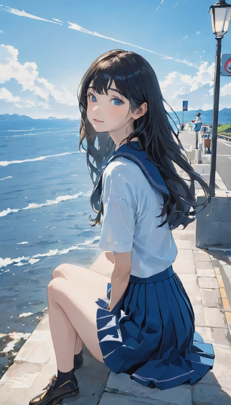 ((最 High Quality , 8k, masterpiece: 1.3, , High Quality , 最 High Quality , high definition , realism)) 、A beautiful 18 year old white woman 、Hair color is black、Iridium hair 、 my hair is wavy 、smile、 I don't want to look away from the screen.、 sitting on a high breakwater on the coast 、The blue sky is beautiful、 clouds at the entrance 、that'summer、I'm wearing a sailor suit、 is wearing a navy blue pleated skirt、Wear loafers、 there is a road in front of the breakwater .、 there is a sign showing the bus stop .、The sea is beautiful、Beautiful Horizon、An island is visible offshore