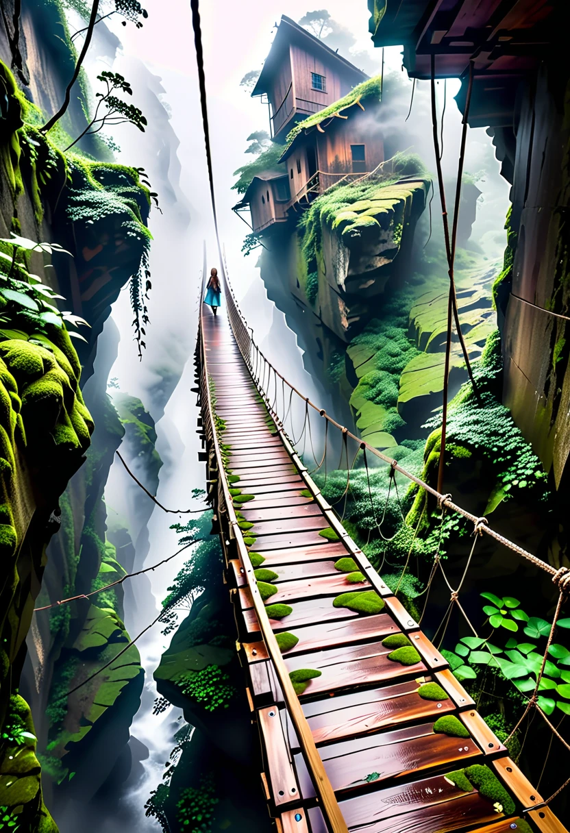 (( Walk on a suspension bridge in an old wooden rough canyon shrouded in deep fog:1.5、 ropes and broken floorboards that seem to break even now 、An unexplored suspension bridge that was forgotten and overgrown with ivy and moss:1.5))、(( one girl , Chibi:1.5)), ((((Taken obliquely from behind :1.5、from behind:1.5)), back view:1.5, looking away)), ((Top Models:1.5))、 best quality, masterpiece,  ultra high resolution, (Realistic:1.4),  RAW Photos,  complex details,  big beautiful dark emerald eyes :1.5, Perfect Contour, Small face、masterpiece, Silky Long Hair,  ((Blunt Bungs:1.5, forehead:1.5)), (natural makeup:1.5、full lips:1.5, pink lips:1.5, gloss lips:1.5, parted lips1.5), slim、(middle chest:1.2,  firm chest :1.2, High chest:1.5),  (( Extremely soft and relaxed high neck sleeveless metallic satin middle dress:1.5、 shiny super shine iridescent silver dress:1.5)), (( The background is a steep canyon with no visible bottom shrouded in deep fog 、 An unexplored deep forest :1.5、Yellow Leaf 、autumn leaves、Early morning in late fall 、 soft sunshine、Bokeh))