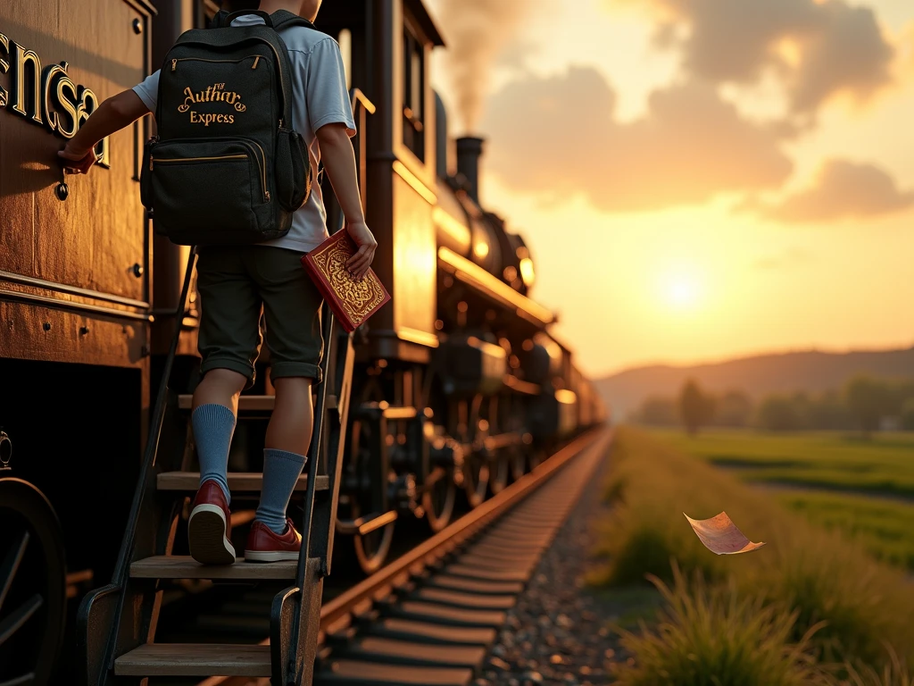 "A hyper-realistic scene at a vintage train station during golden hour. A young student, casually dressed with a backpack, is climbing the ladder of an old-style steam locomotive. In the student’s right hand, he holds a glowing golden book titled ‘The Author Express’. The title is clearly visible, engraved with intricate, elegant embossed lettering, glowing faintly in golden light. The book cover is rich in texture, with fine details that make the title stand out clearly. The steam locomotive itself is a masterpiece, with polished metallic and wooden accents that give it a vintage yet timeless charm. The train’s smoke stack releases a gentle puff of steam, adding movement to the scene. The background is a peaceful countryside, with soft, fluffy clouds, a warm golden glow from the setting sun, and rolling green fields. Loose pages from the book flutter in the air, swirling in the breeze around the train, adding a sense of magic and movement. The warm golden and earthy tones of the scene create an inspiring, uplifting atmosphere, perfectly complementing the student’s journey."