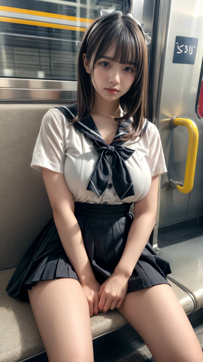 top-quality,ultra-detailliert,​masterpiece,realisitic,Photo Real,Bright lighting,1 girl in, an extremely beautiful 17-year-old girl, (kawaii:1.2),Thin smile, (Brown eyes),(brown haired),(bangss),perfect glossy skin,flawless skin,((erotick,Sexy and sexually explicit)),((accurate hands without incongruity)), (爆乳:1.4),big breasts thin waist, Look at viewers,((a sailor suit)),((Short sleeve uniform white shirt)),(red necktie),(Blue Mini Pleated Skirt),(((skirt lift by yourself))),(lifted by self),(Showing panties),panties on,panties focus,((Sit up,spread legswide)), sockes, (Black knee socks),(Loafer shoes), during daytime,On the train,Horizontal long seat with your back to the window