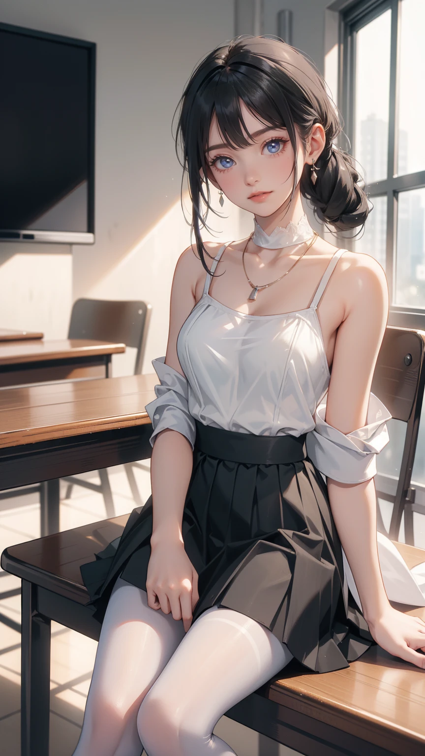 sfw, masterpiece, Best Quality, High resolution, detail hands, detail fingers, detail face, detail leg, perfect lighting, (1girl, solo, detail girl)16_y.o. Caucasian, sitting, wide:1.3, showing :1.3, very adorable, pretty},, cute girl, (black hair, Side Pony tail hair , Gray eyes, medium ), (Shirt Clave, necklace, Skirt, pantyhose, white heels,), Classroom, Looking at Viewers