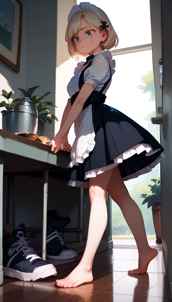 Anime Women, Maid,  barefoot, raised leg, Stomping of feet on face, step on face, looking down, throw