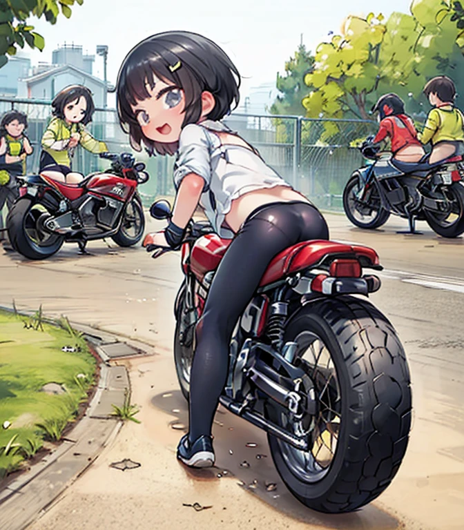 (masterpiece),( best quality),(  several people having fun with each other while having very detailed ),(  in high resolution), tiny mascot girl  ,  rear view of postureの姿勢 of a female racer racing on a road bike,  black hair ,  semi-long,  stylish  ,  road bike racing  , Behind the scenes where multiple cafe racers wage a fierce battle , speed, Elevate your mood,  Panoramic View,  rear view of postureの姿勢 of a female racer chasing another female racer running in front of her, Tracking from behind  ,  rear view of posture，