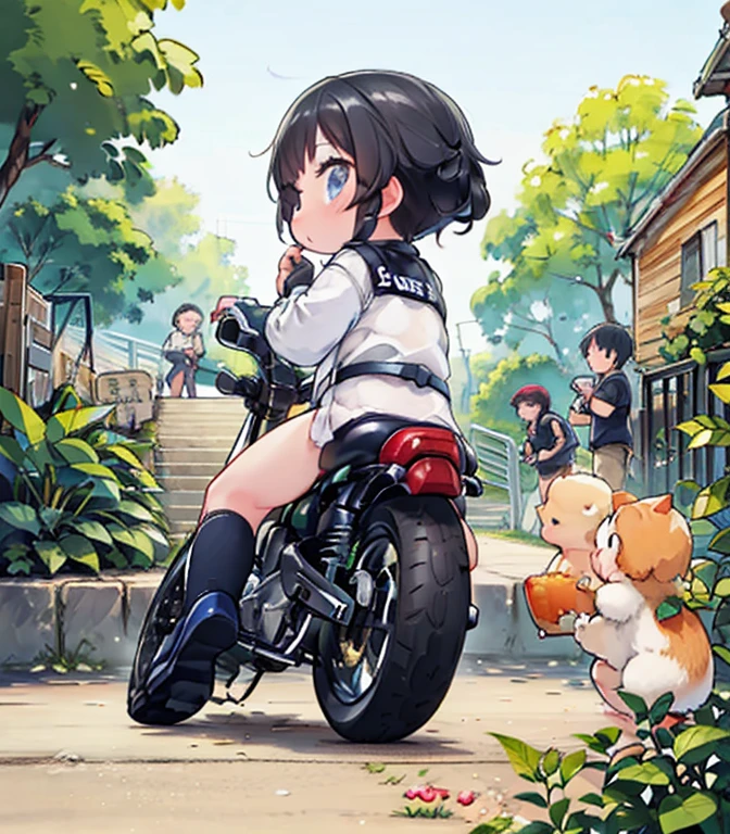 (masterpiece),( best quality),(  several people having fun with each other while having very detailed ),(  in high resolution), tiny mascot girl  ,  rear view of postureの姿勢 of a female racer racing on a road bike,  black hair ,  semi-long,  stylish  ,  road bike racing  , Behind the scenes where multiple cafe racers wage a fierce battle , speed, Elevate your mood,  Panoramic View,  rear view of postureの姿勢 of a female racer chasing another female racer running in front of her, Tracking from behind  ,  rear view of posture，