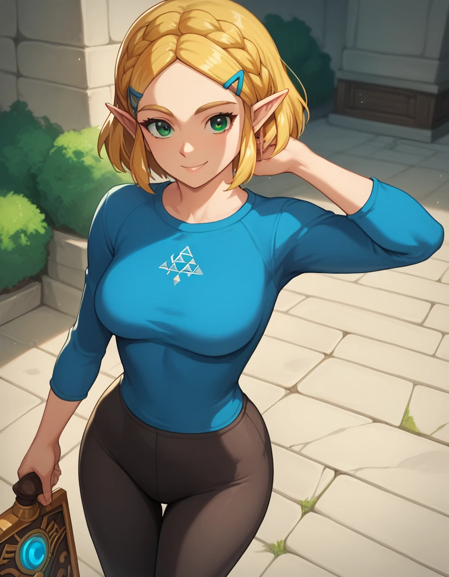 score_9, score_8_up, score_7_up, source_anime, best quality, clear face, 1girl, solo, Zelda, Totk, blonde hair, short hair, green eyes, medium breasts, big ass, cowboy shot, looking at viewer, black leggings, blue shirt, long sleeve, smile, dynamic angle, from front, front of rock