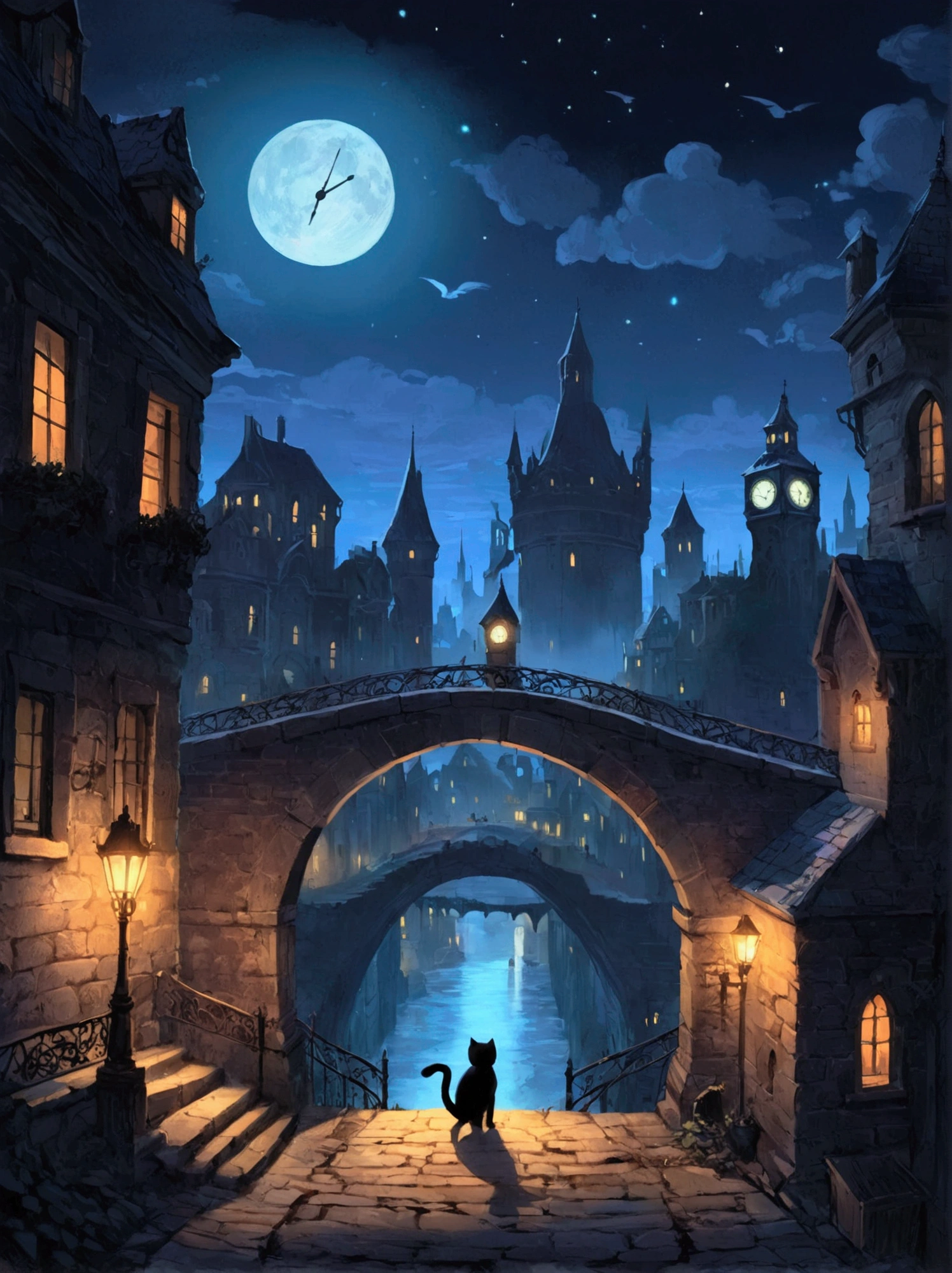   Night view of the city and castle 、Cats on the bridge leading to the castle 、 2D Side-Scrolling Platformer,    Cat Wandering Through the City of Shadows   、   Concept Art Great Atmosphere   ,    2D digital video game art   ,   Sylvain Saler ,    amazing screenshot art   , Metroidvania, Faraway city , ,    Game Concept Art Style Scenery   