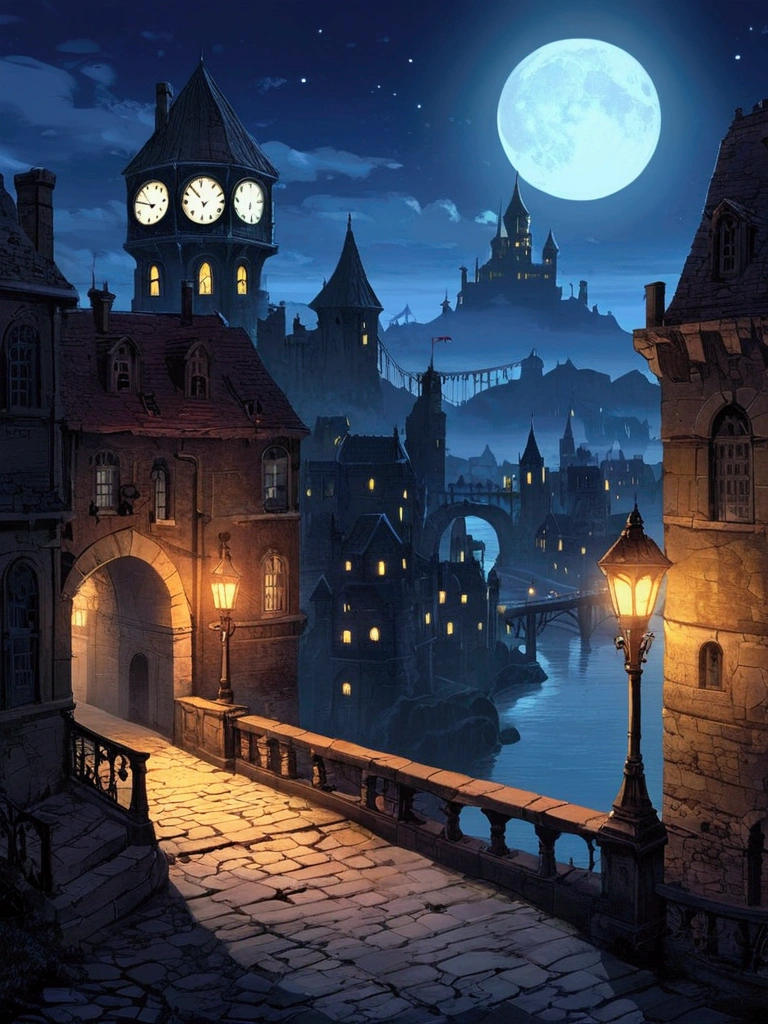   Night view of the city and castle 、Cats on the bridge leading to the castle 、 2D Side-Scrolling Platformer,    Cat Wandering Through the City of Shadows   、   Concept Art Great Atmosphere   ,    2D digital video game art   ,   Sylvain Saler ,    amazing screenshot art   , Metroidvania, Faraway city , ,    Game Concept Art Style Scenery   