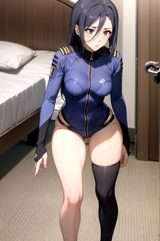 a beautiful young girl with short blue hair,smile, brown eyes, hair clips, lips, stud earrings, semi-rimless eyewear, wearing a glossy blue bodysuit, with a large buttocks and large breasts, (best quality,4K,8K,highres,masterpiece:1.2),ultra-detailed,(realistic,photorealistic,photo-realistic:1.37),highly detailed face, extremely detailed eyes and face, long eyelashes, smile,beautiful detailed eyes, beautiful detailed lips, concept art, cinematic lighting, vibrant colors, hyper-realistic, ((Underrim glasses))
