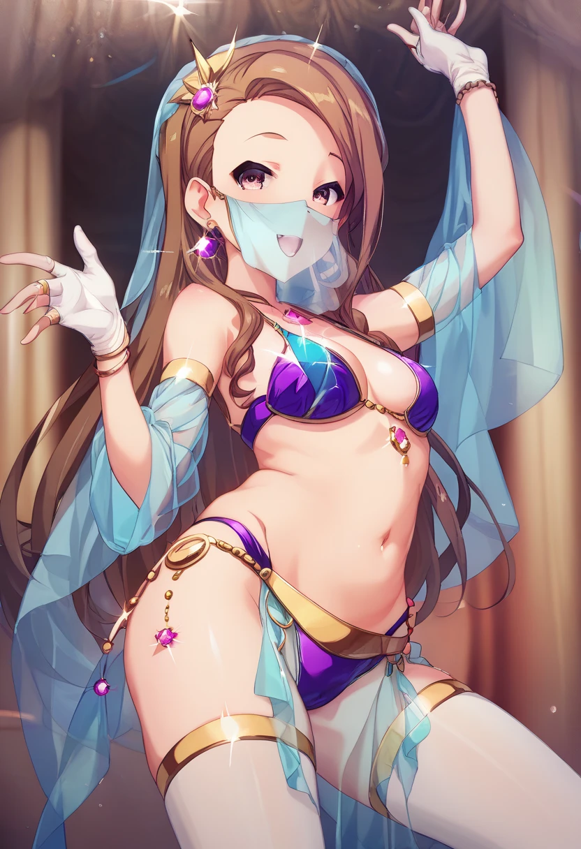 1girl, solo, long hair, breasts, looking at viewer, bangs, large breasts, navel, bare shoulders, jewelry, standing, black hair, thighs, parted lips, detached sleeves, pointy ears, midriff, dark skin, blunt bangs, armpits, stomach, arm up, dark-skinned female, see-through, underboob, elf, revealing clothes, veil, pelvic curtain, circlet, thighlet, dancing, dark elf, dancer, harem outfit, mouth veil, covered nipples, very long hair, golden eyes, beautiful eyes, (breast curtains),(pelviccurtains) underboob,cleavage,sideboob,cowgirl position, girl on top,