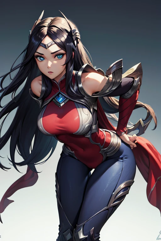 (masterpiece), best quality, thigh, camel toe,expressive eyes, perfect face, highres, 1girl, solo, irelia, bodysuit, bare shoulders, forehead protector, hair ornament, armor, (leaning forward), standing, portrait, looking at the viewer,