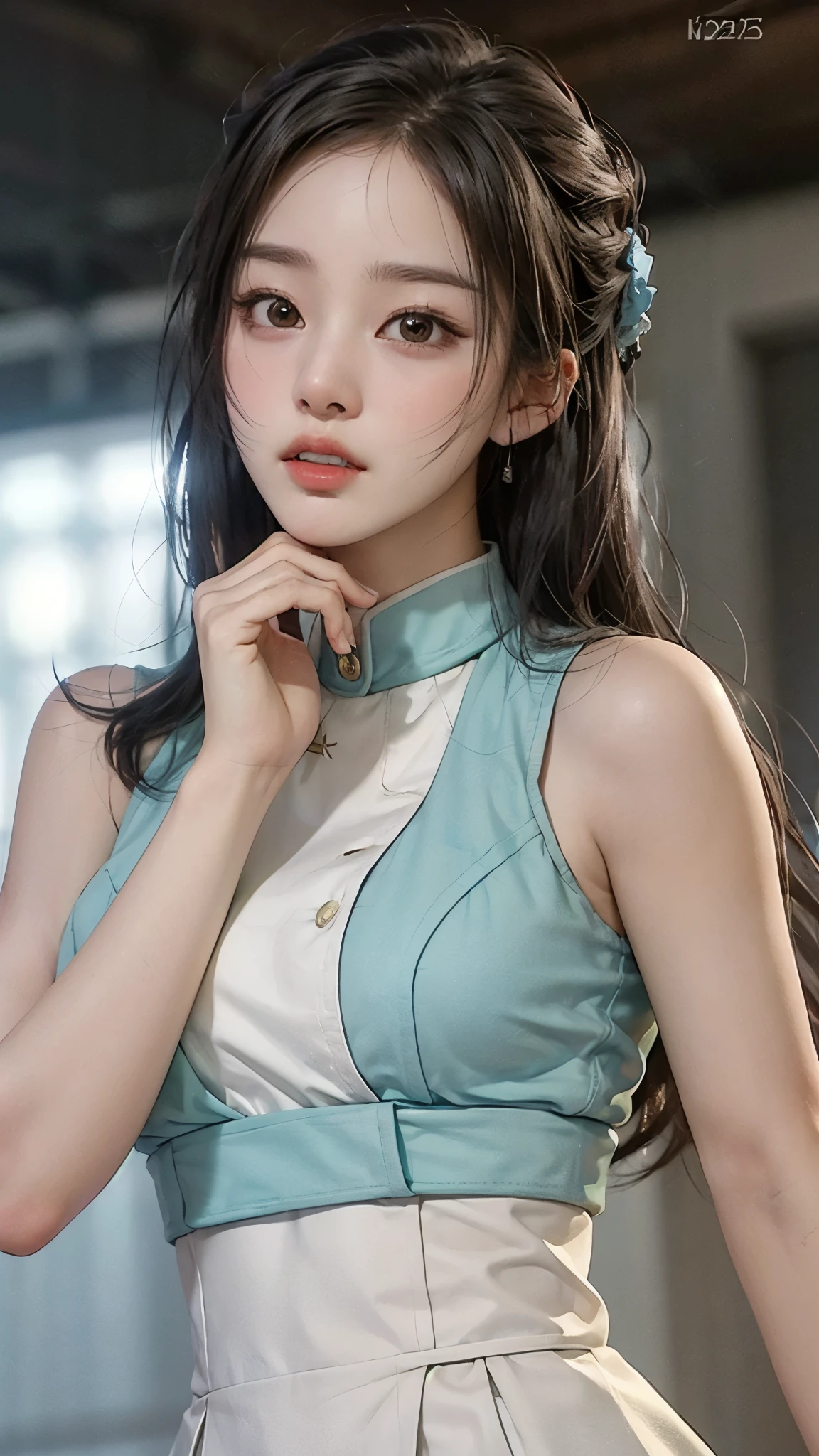 (masterpiece), (Top), ( High Quality Details ), (illustration), ( City Hall 1 Female  ),  above the bet , (Interview),  beautiful ,  detailed eyes, 섬세하고  beautiful  얼굴, Floating , (High saturation), (shining),  blue sky, 밝고  beautiful  얼굴,  Her skin is young, radiant, , Fair and shining, Top appearance, 매우  beautiful ,  Her big eyes are shining in a clear blue sky and staring at the audience, 아름답고 놀랍도록  beautiful  소녀가 관람객을 응시하고 있습니다,