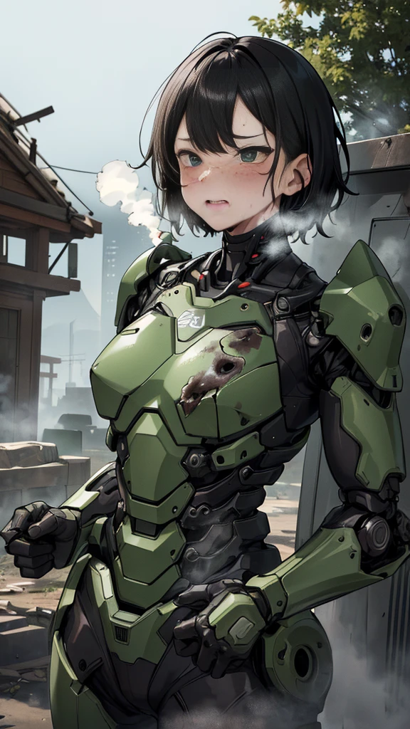 ,   several people having fun with each other while having very detailed  ,   Graveyard Details   ,  High image quality , 最 High image quality ,   kampala, 1080P 、  Smoke from the Wound が出ている  　green armor、 wrecked war machine steam comes out of the whole body  、cute((全身のSerious damage))(   injured woman in robot suit ...)  Smoke from the Wound が出ている  )   Black Hair Freckles 、  shorthair 　  wet hair  、 Open Your Mouth 、(  steam from the body  が上がる)Sweaty face　Serious damage、、saliva dripping from the mouth、 elementary school girl　(  Steam is Coming Out of Your Face  ) ((  steam from the body  ))   seen with the naked eye  　saliva　 Smoke from the Wound 　Overall tattered armor 