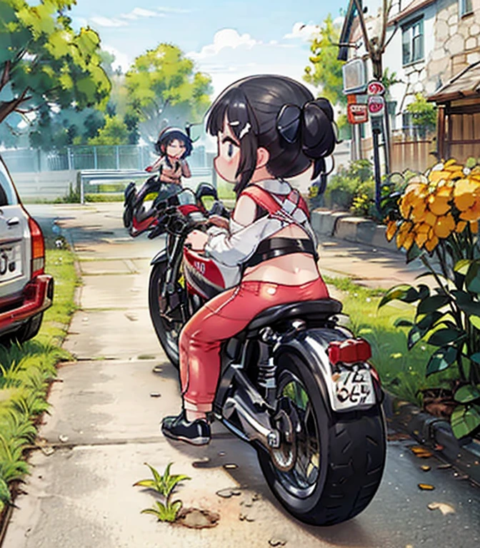 (masterpiece),( best quality),(  several people having fun with each other while having very detailed ),(  in high resolution), tiny mascot girl  ,  rear view of postureの姿勢 of a female racer racing on a road bike,  black hair ,  semi-long,  stylish  ,  road bike racing  , Behind the scenes, multiple small cafe racers wage a fierce battle , speed, Elevate your mood,  Panoramic View,  rear view of postureの姿勢 of a female racer chasing another female racer running in front of her, Tracking from behind  ,  rear view of posture，