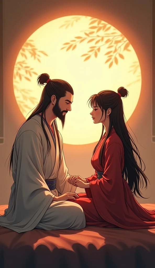 anime image of a man and woman sitting on a bed, yiqiang and shurakrgt, ruan jia and joao ruas, daoist, beautiful avatar pictures, hidari and vlop, taoist priest, ghutra and egal, by Qu Leilei, beautiful depiction, taoist master, akehiko inoue and ross tran