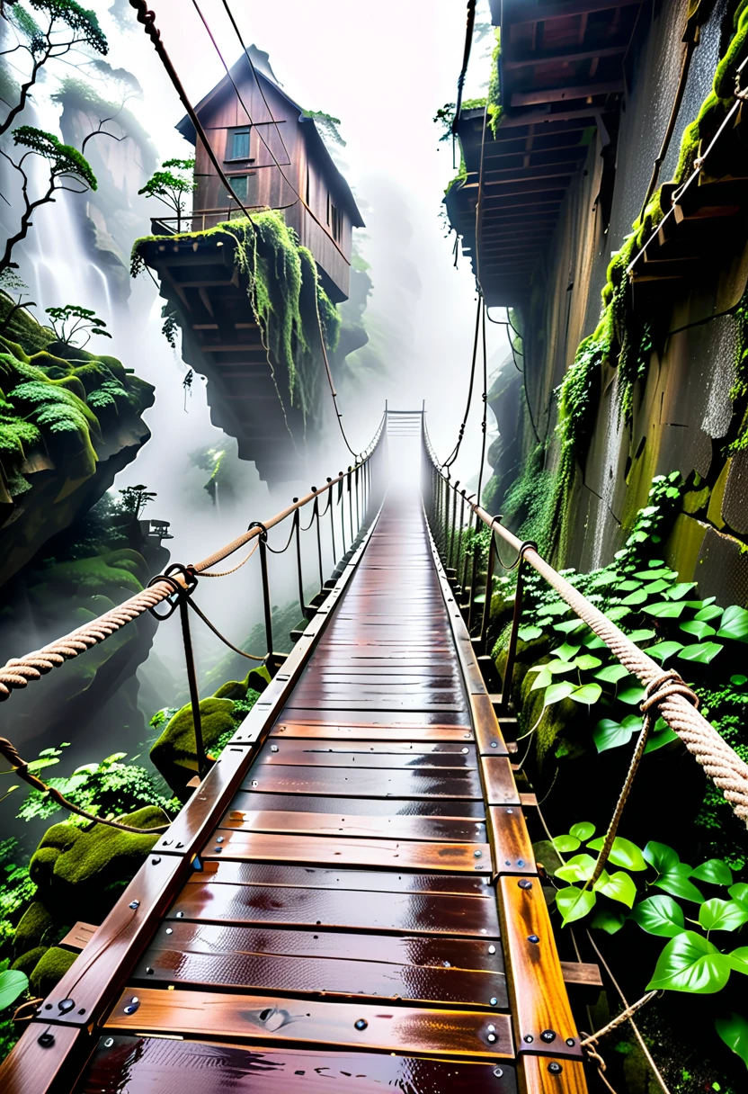 (( Walk on a suspension bridge in an old wooden rough canyon shrouded in deep fog:1.5、 ropes and broken floorboards that seem to break even now 、An unexplored suspension bridge that was forgotten and overgrown with ivy and moss:1.5))、(( one girl , Chibi:1.5)), ((((Taken obliquely from behind :1.5、from behind:1.5)), back view:1.5, looking away)), ((Top Models:1.5))、 best quality, masterpiece,  ultra high resolution, (Realistic:1.4),  RAW Photos,  complex details,  big beautiful dark emerald eyes :1.5, Perfect Contour, Small face、masterpiece, Silky Long Hair,  ((Blunt Bungs:1.5, forehead:1.5)), (natural makeup:1.5、full lips:1.5, pink lips:1.5, gloss lips:1.5, parted lips1.5), slim、(middle chest:1.2,  firm chest :1.2, High chest:1.5),  (( very soft and loose high neck sleeveless metallic satin middle dress:1.5、 shiny super shine iridescent silver dress:1.5)), (( The background is a steep canyon with no visible bottom shrouded in deep fog 、 An unexplored deep forest :1.5、Yellow Leaf 、autumn leaves、Early morning in late fall 、 soft sunshine、Bokeh))