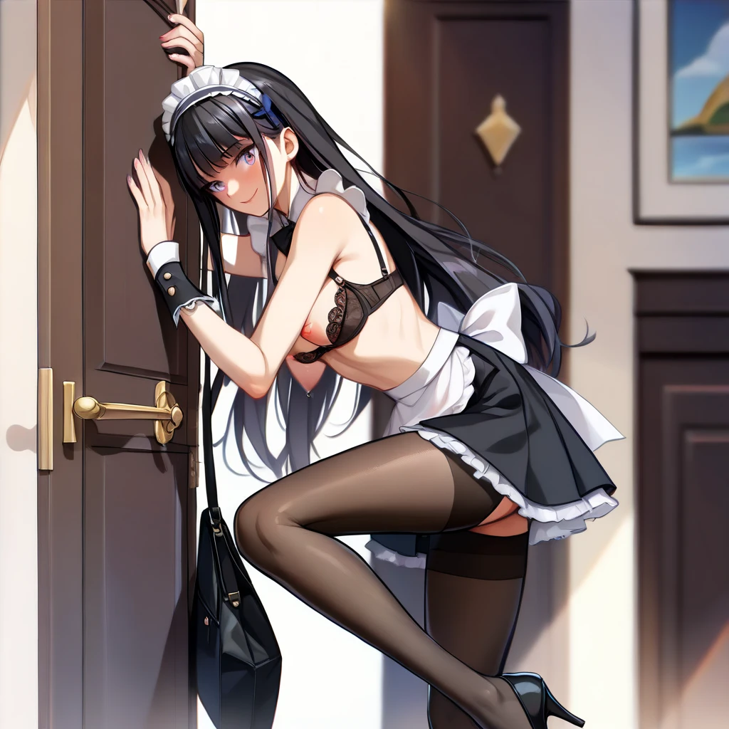 Akiba Tono,give, best quality,masterpiece,  Illustration by Spane , 1 girl,Alone,, ,  maid clothes  ,, , ,,  Black Micro Mini Skirt, Maid Micro Miniskirt ,  black pantyhose  ,,, Shapely breasts,Misaligned black bra  ,  perfect face, bangs,   black hair , Long Hair,   black hair band,  perfect shiny hair , Light purple eyes,  expressive eyes,,, , (( having passionate cheating sex with a cheating man:1.4))　Nipple peek　 red cheeks 　 expression that endures embarrassment　Beautiful light pink nipples　　((The door opens and my boyfriend is spotted :1.5))　whole body　Thin and beautiful legs　 high heels　Beautiful body lines　Man's erect cock 